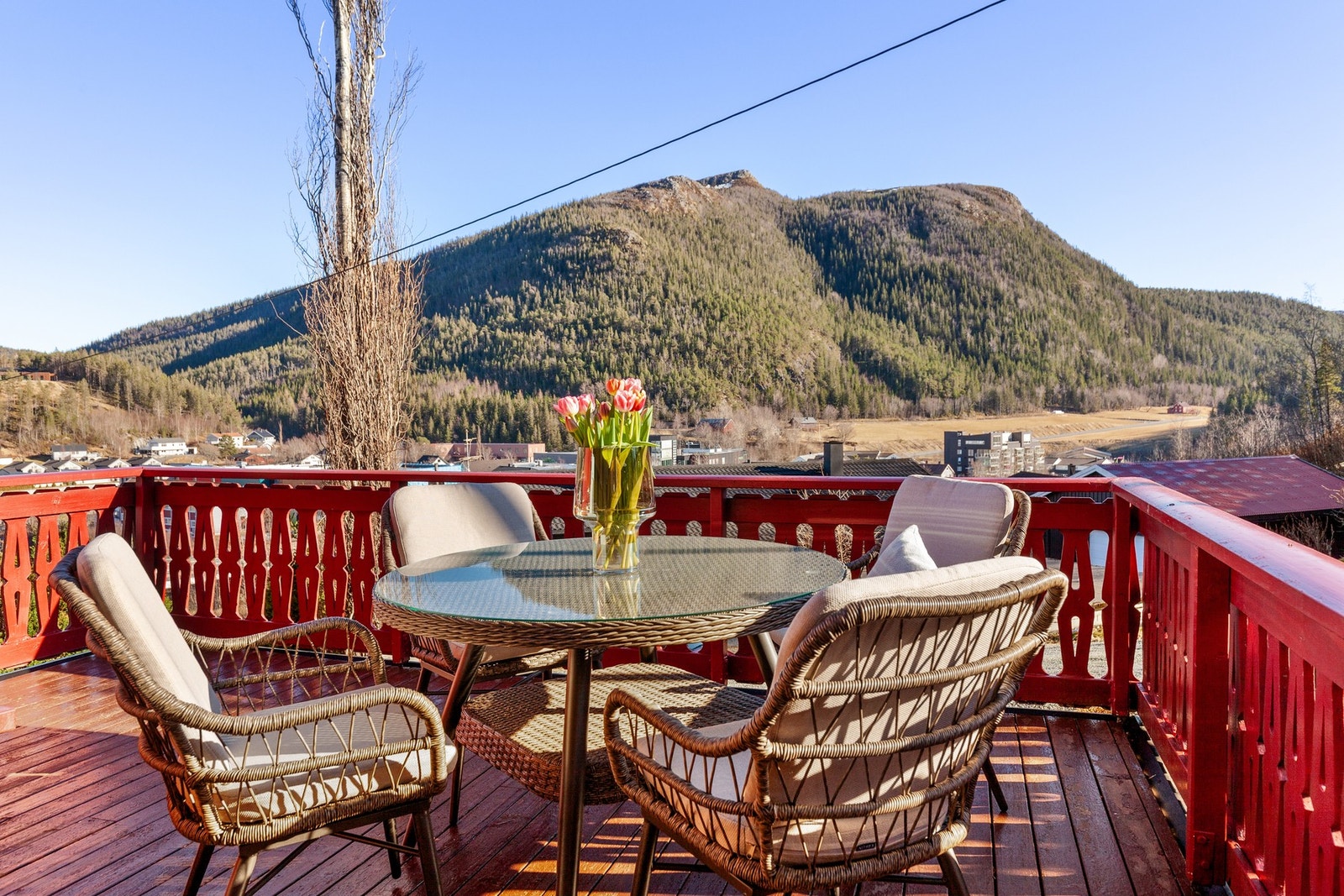 Fra stuen har man utgang til terrasse med god plass for utemøblement Galleribilde