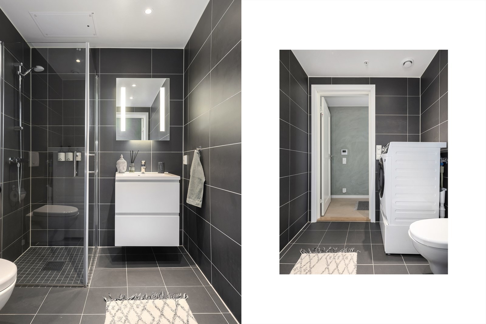 Badet er utført med moderne og stilrene fliser samt behagelig gulvvarme. Innredningen består av en nedfelt servant med godt med skapplass, vegghengt toalett og et dusjhjørne med glassdører. Galleribilde