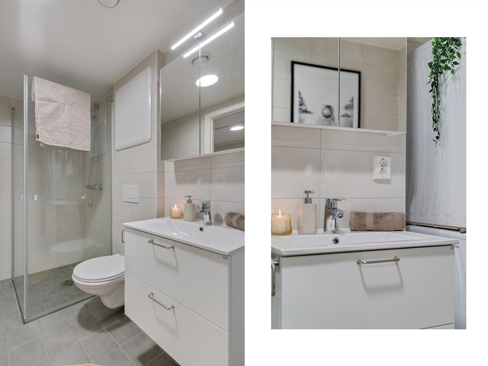 - Her får man gode kvaliteter som innfellbare dusjdører og lagringsplass i servant- og speilskap - Galleribilde