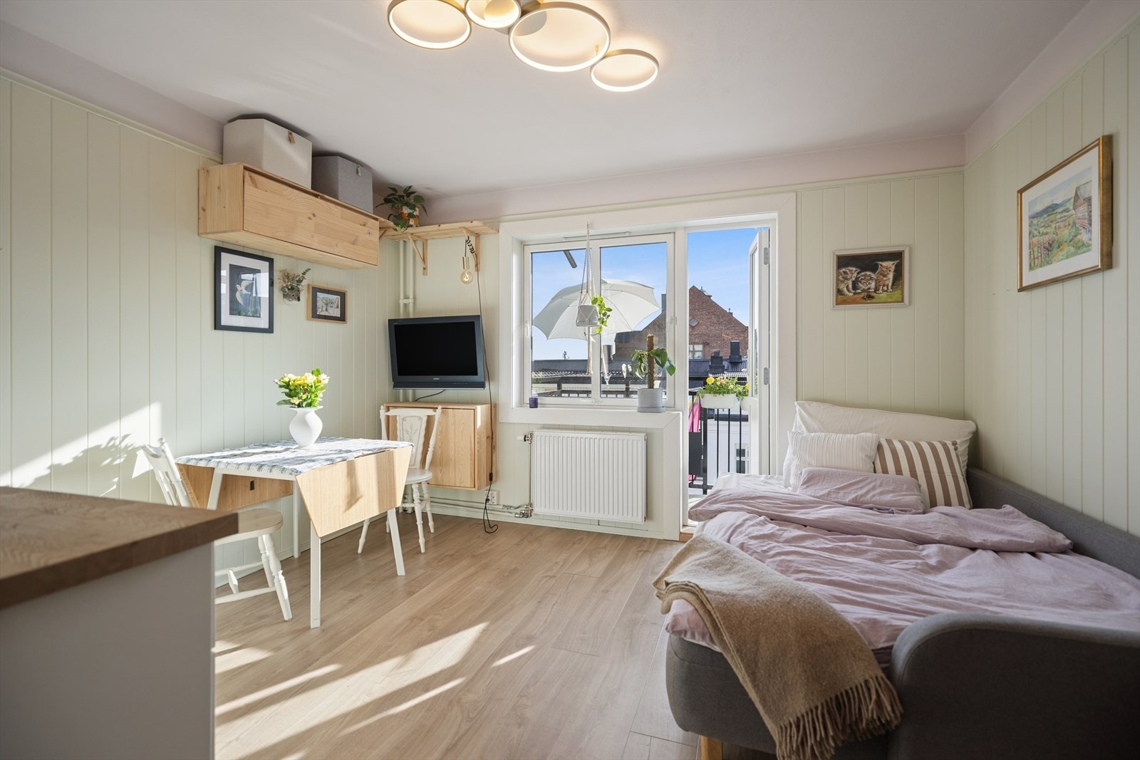 Innred rommet enkelt med en sovesofa som slås ut og stuen blir til soverom. Galleribilde