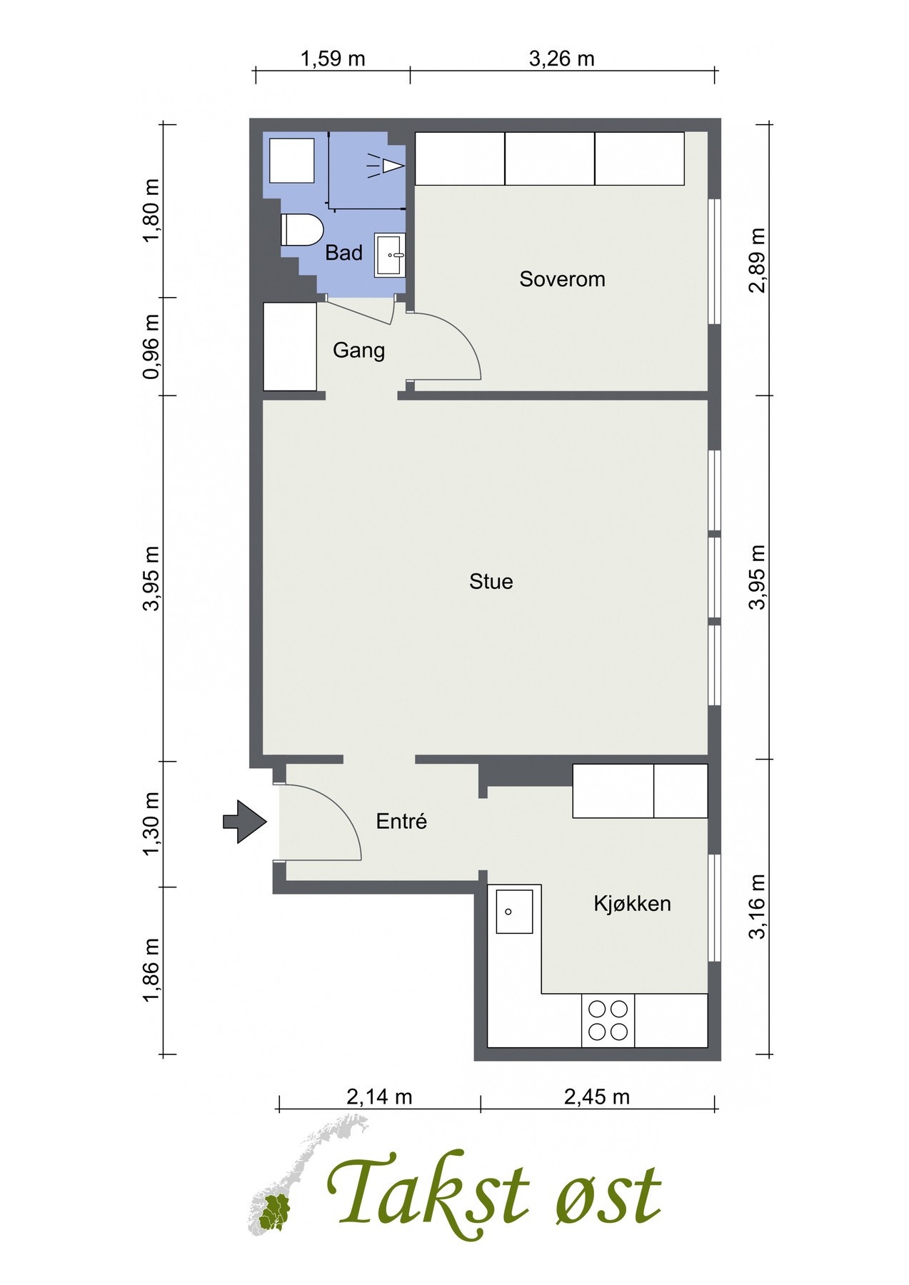 Plantegning. I tillegg disponerer leiligheten en kjellerbod på 2,4 kvm. Galleribilde