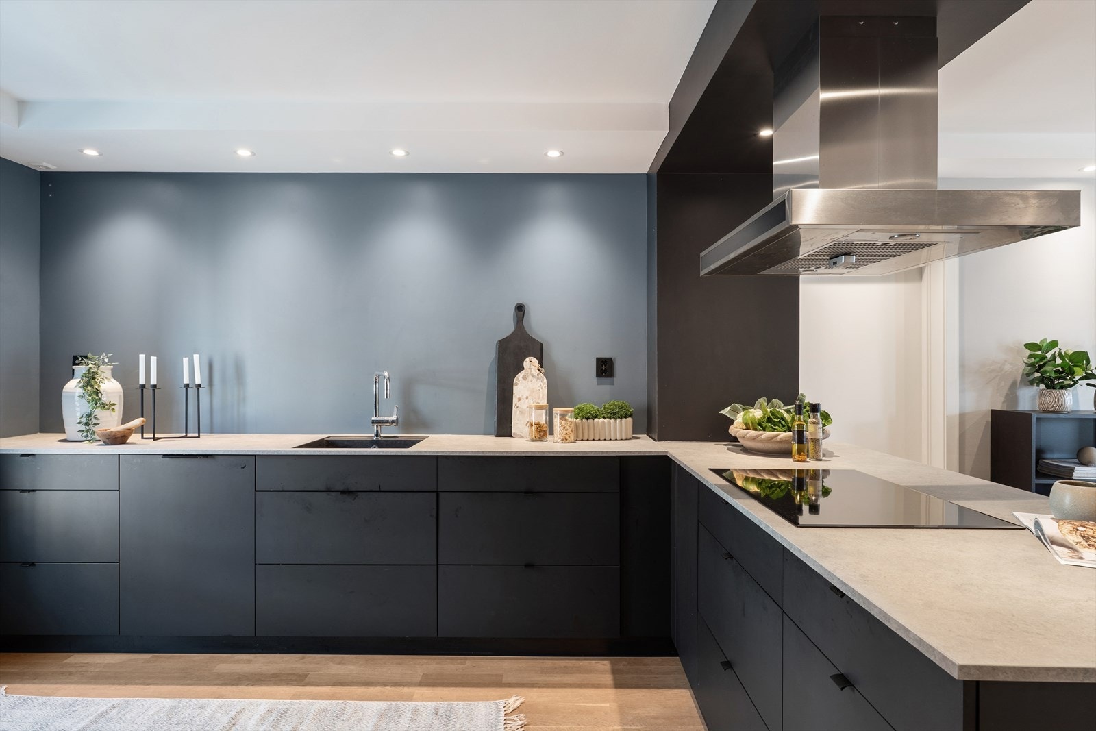 Kjøkken med integrert kjøleskap, oppvaskmaskin, induksjonstopp og stekeovn Galleribilde