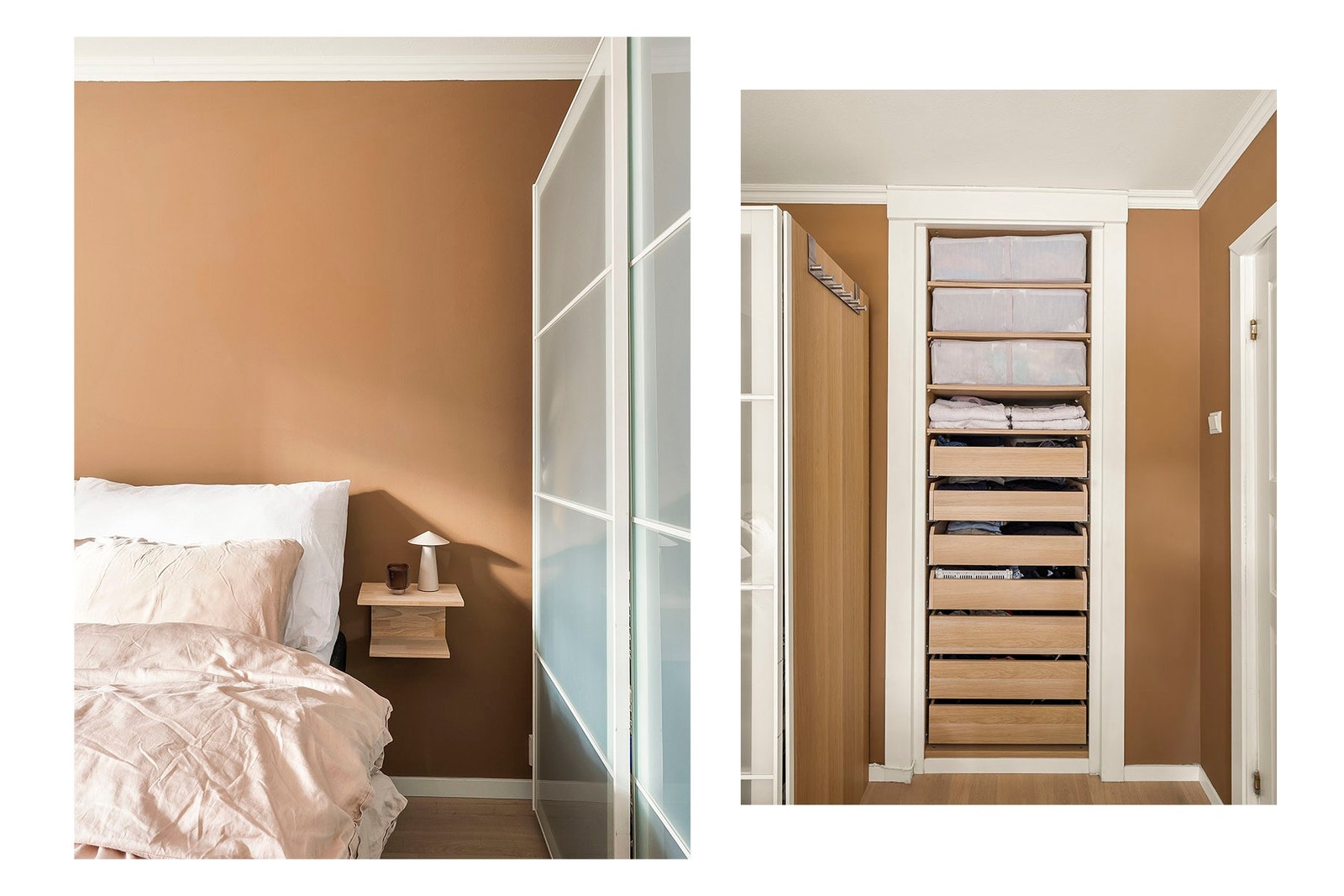 Her er det god plass til dobbeltseng med tilhørende nattbord og garderobeskap. I tillegg har man praktisk innebygd skapplass som gir gode muligheter for ekstra oppbevaring. Galleribilde