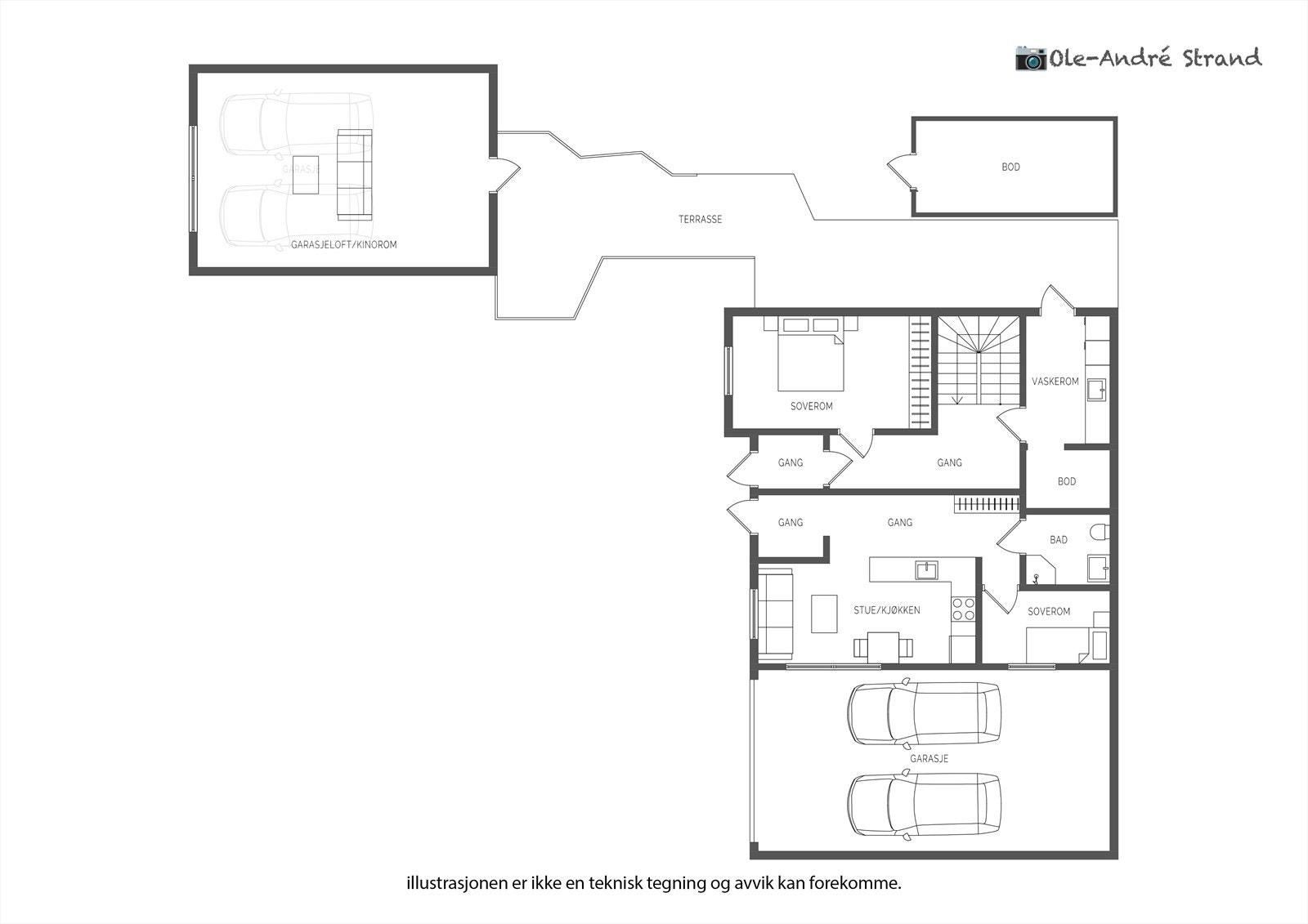 - Plantegning 1. etasje. Utleiedelen er ikke godkjent som en egen enhet eller for varig opphold iht. byggetegninger - Galleribilde