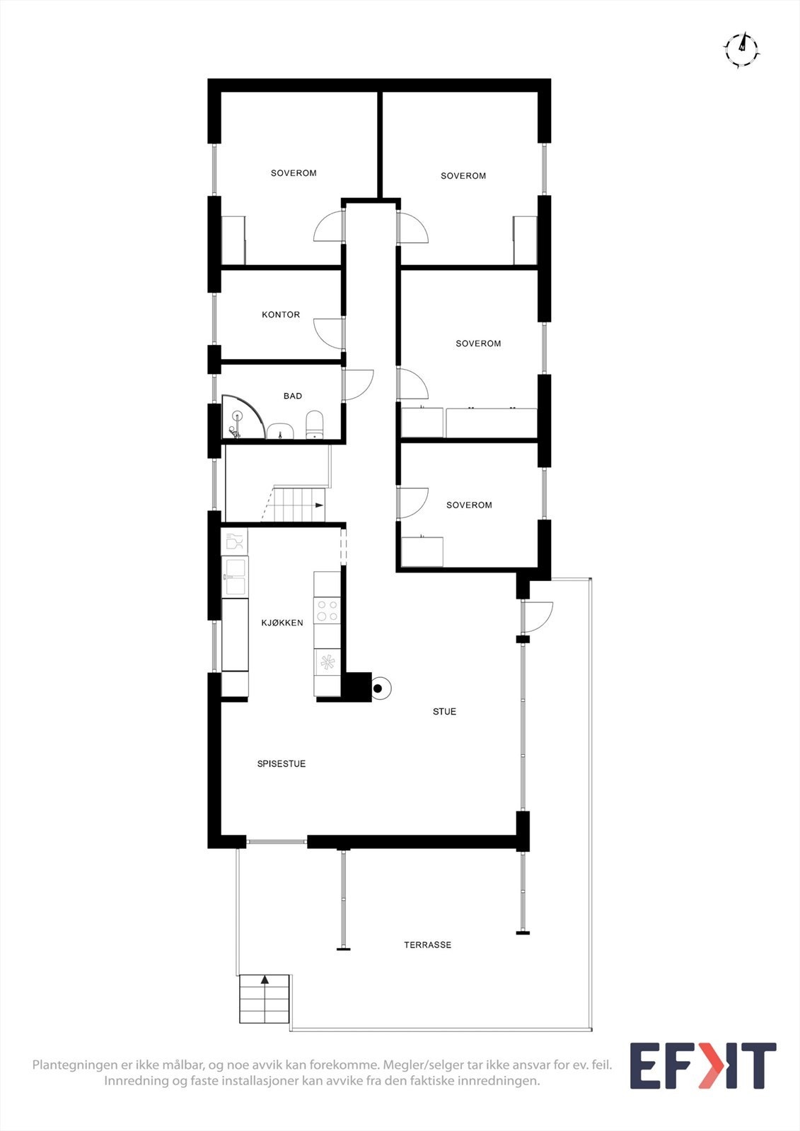 Hovedetasjen samler stue og kjøkken, og har en egen avdeling med fire soverom, kontor og bad. Galleribilde
