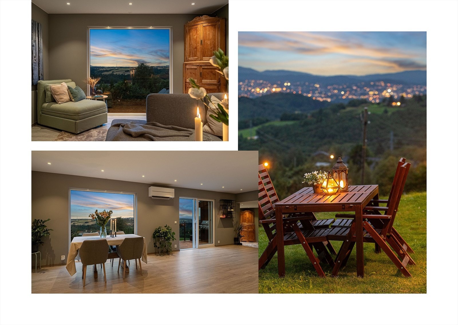 Utsikten mot vest rommer eviggrønnkledde åser, Bymarkas topper og fjell i det fjerne med bl.a. Gråkallen i siktlinja. Galleribilde