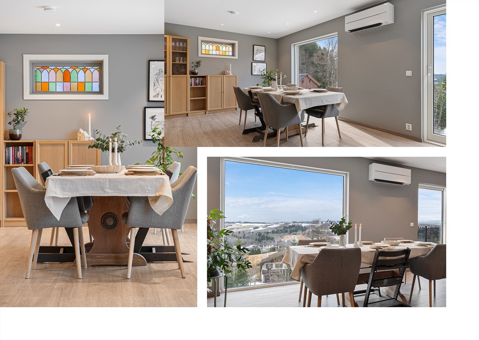 Vinduene på vestveggen strekker seg fra gulvet, nesten opp til taket og sørger for god kontakt med uteområdet. Blyglassvindu på sørveggen gir flott fargespill. Galleribilde