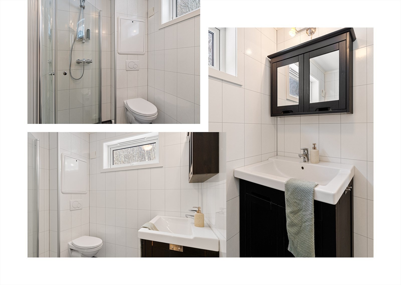 Badet i 1. etasje ble oppusset i 2012 og fremstår i tidløs utførelse med innfellbare glassdører i dusjsonen, vegghengt klosett, servant og skapløsninger. Galleribilde