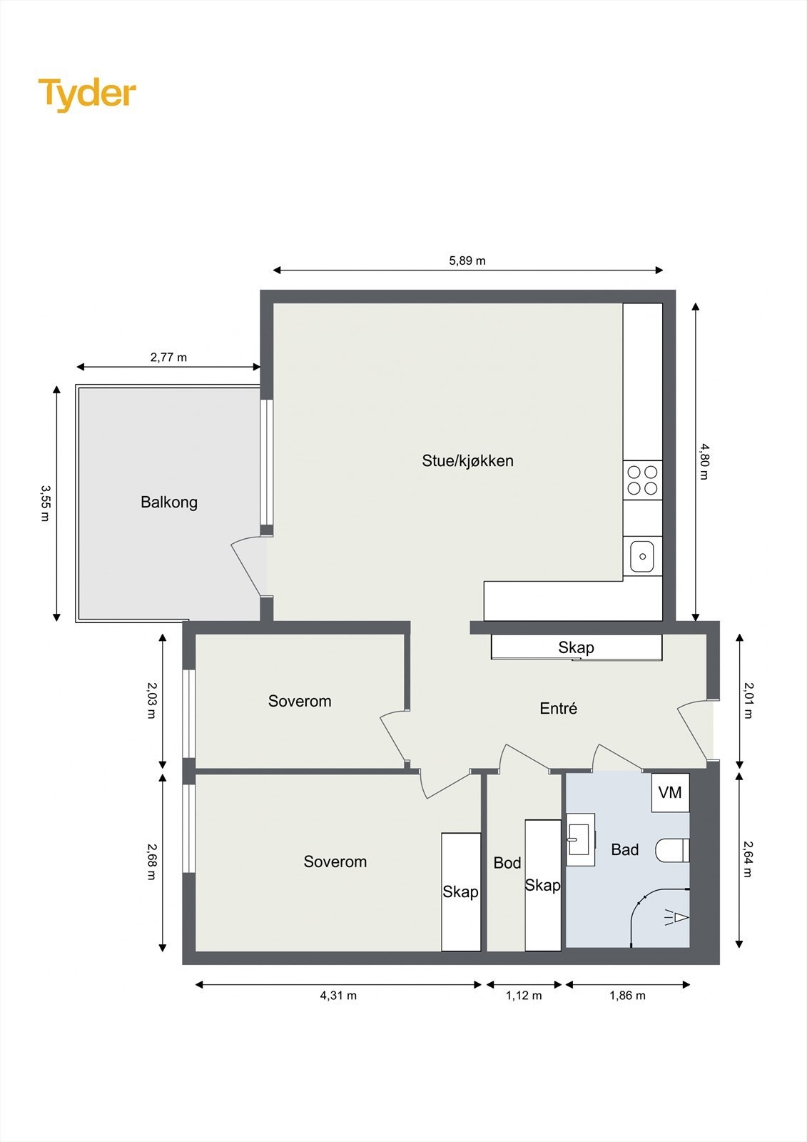 Leiligheten har en effektiv planløsning på 66 m² med to soverom, bad og en praktisk intern bod. Galleribilde