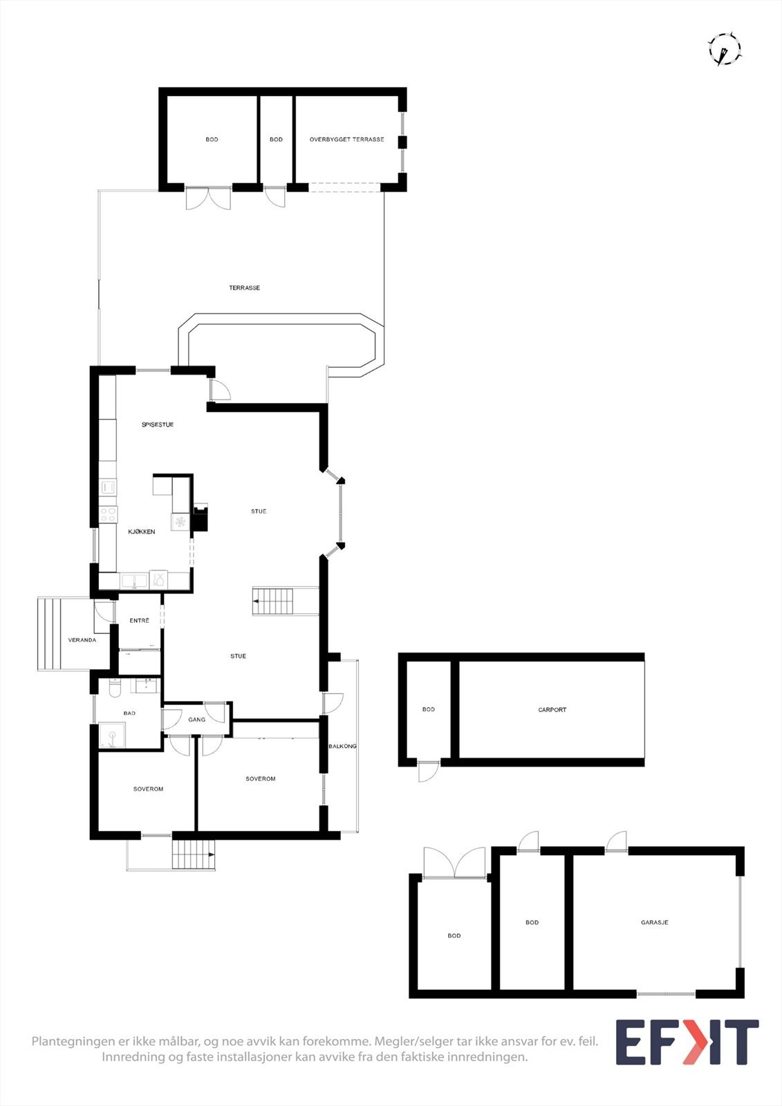 Plantegning hovedplan bolig, garasje, carport og hagestue. Galleribilde