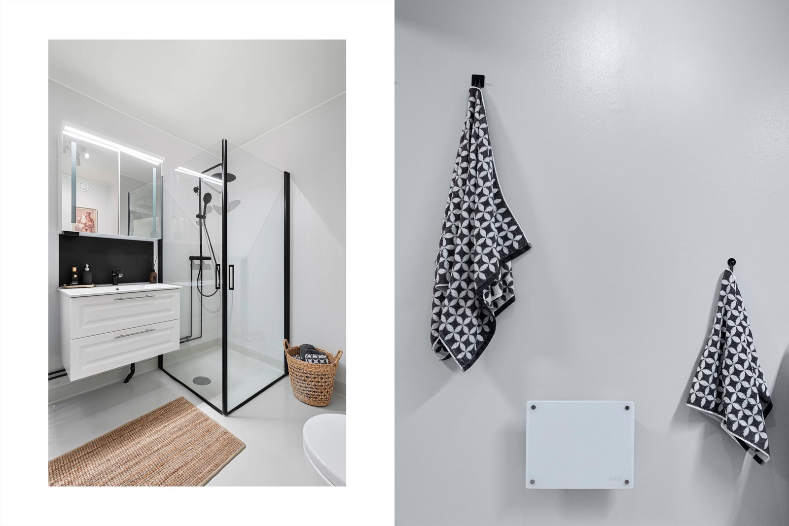 Her finner du servant nedfelt i baderomsinnredning, speilskap med belysning og dusjhjørne med svingbare glassdører. Galleribilde