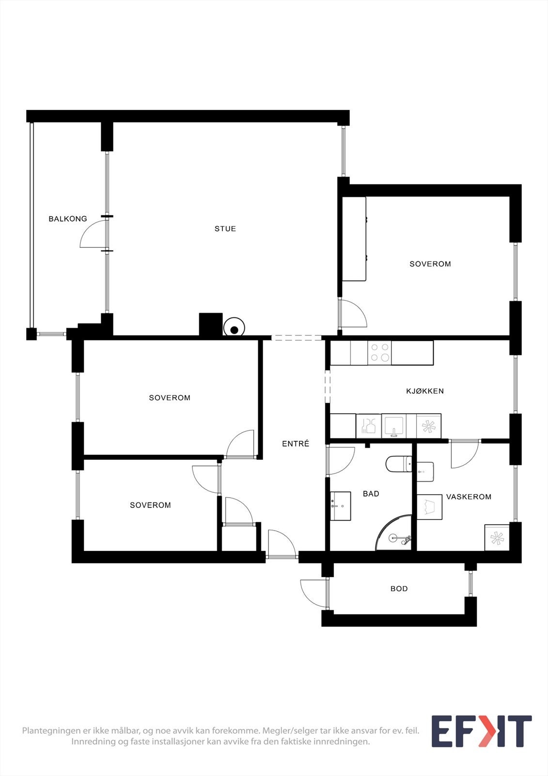 Leiligheten har en arealeffektiv planløsning på 95 m² med tre soverom, separat vaskerom og gode lagringsmuligheter. Galleribilde