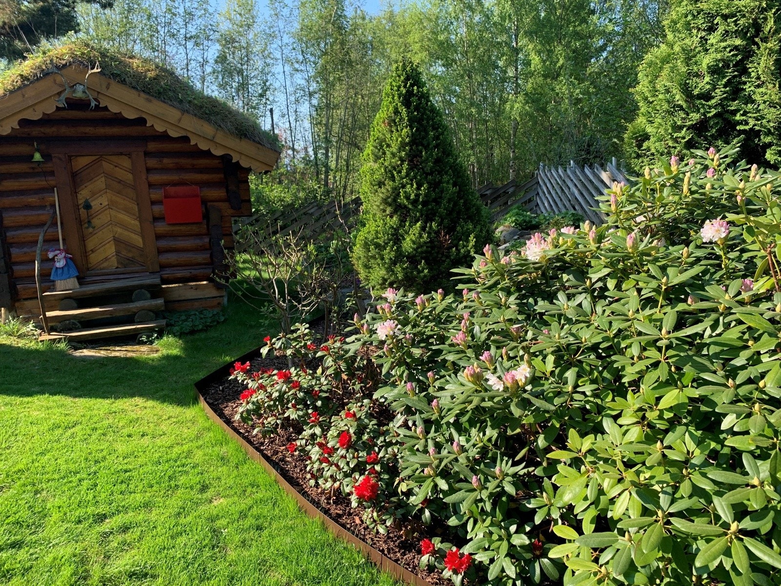 Sjarmerende stabbur omgitt av frodig og velstelt hag. Det er også flere bær- og frukt-trær, bl.a. eple, pære og moreller. Galleribilde