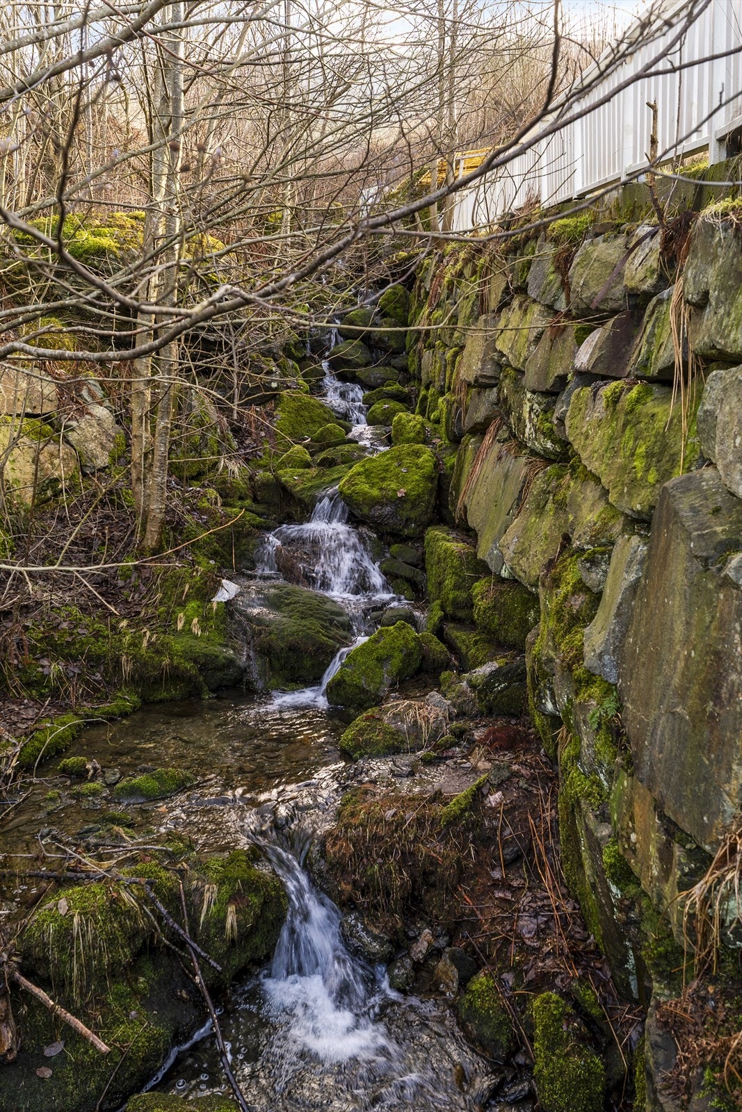 Fritidsboligen er ikke tilknyttet offentlig vann og avløp. Selger opplyser at vann til fritidsboligen hentes fra bekken - denne kan gå tom i tørre perioder, og vannet samles derfor i en IBC-tank på ca. 1 000 liter for lagring Galleribilde