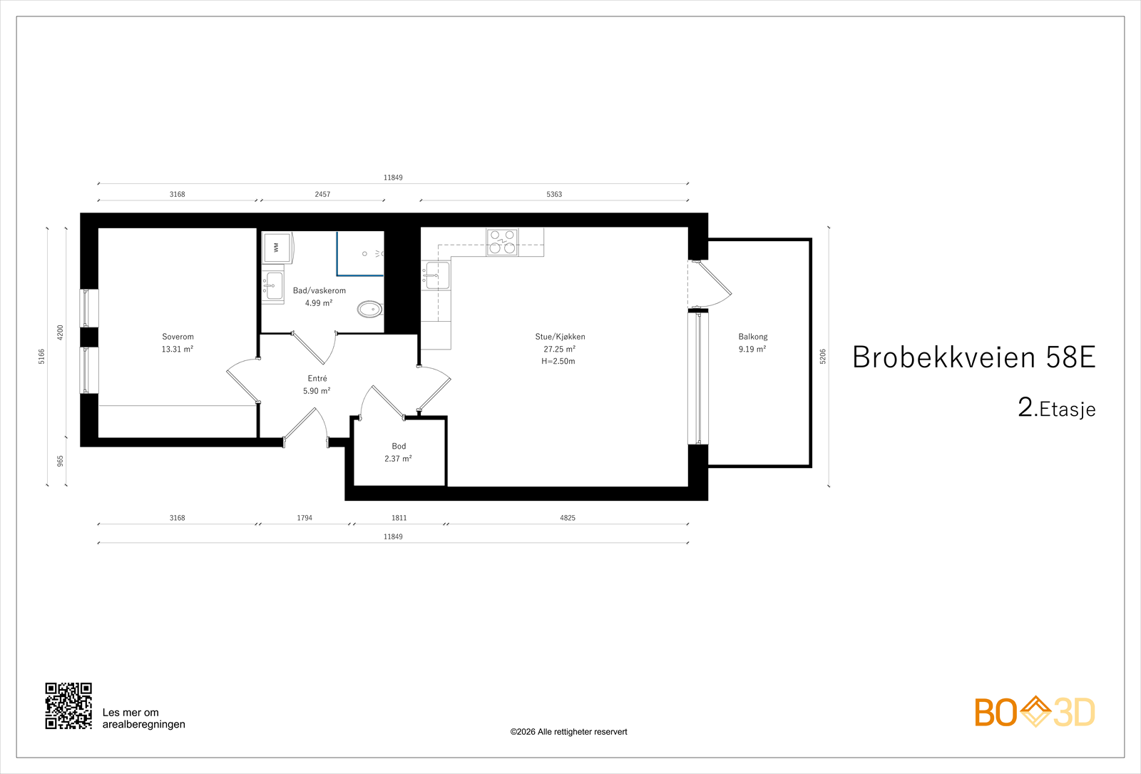 Plantegning. Leiligheten disponerer en ekstern bod på 5 m² i kjeller. Galleribilde