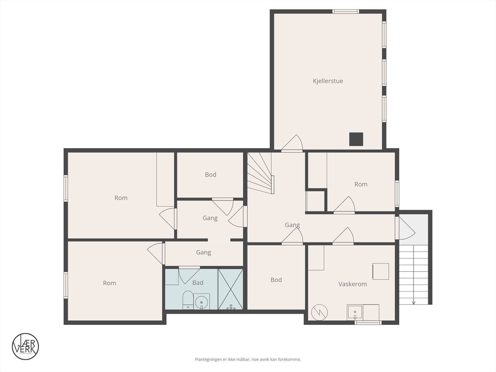 Plantegning kjeller, plantegningen viser faktisk bruk og avviker fra godkjente tegninger. Galleribilde