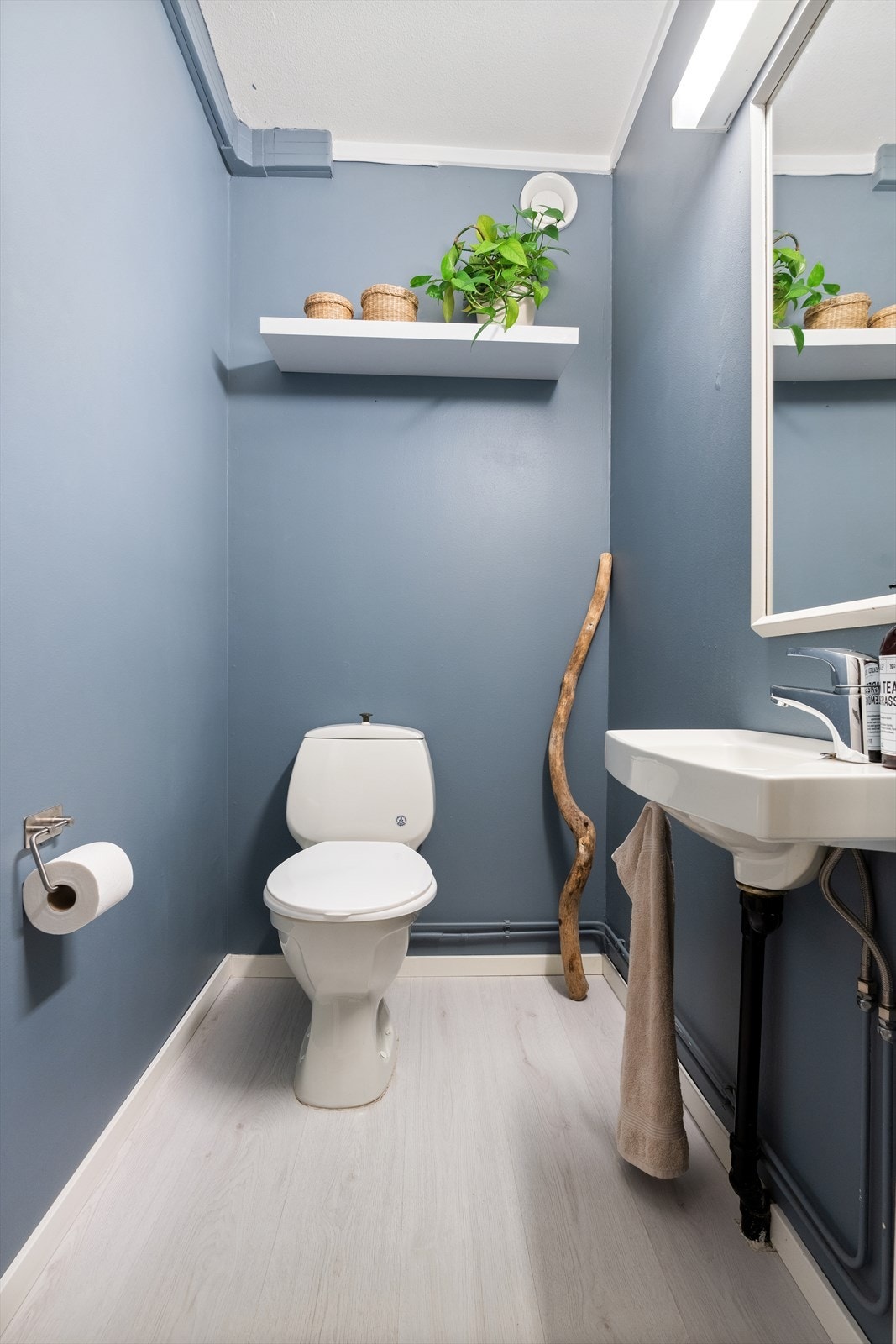 Vegg i vegg med badet er det eget toalettrom med gulvstående toalett og servant Galleribilde