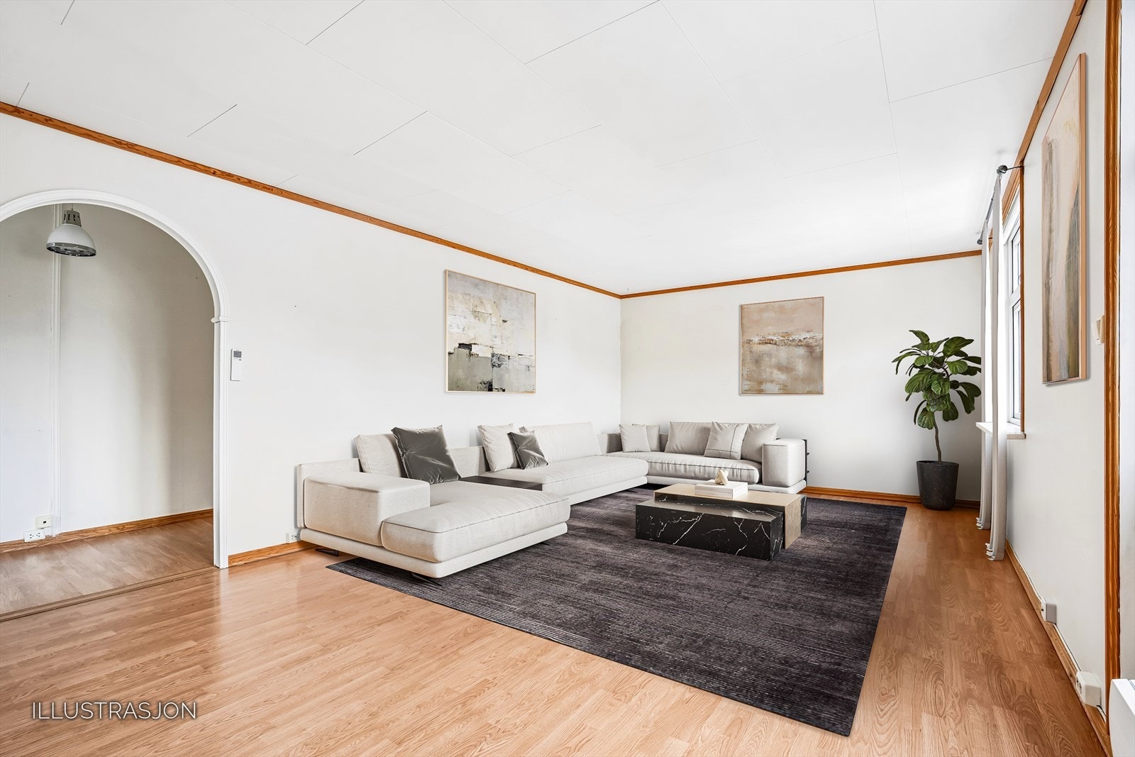 Slik stuen er i dag har man svært gode møbleringsmuligheter Galleribilde