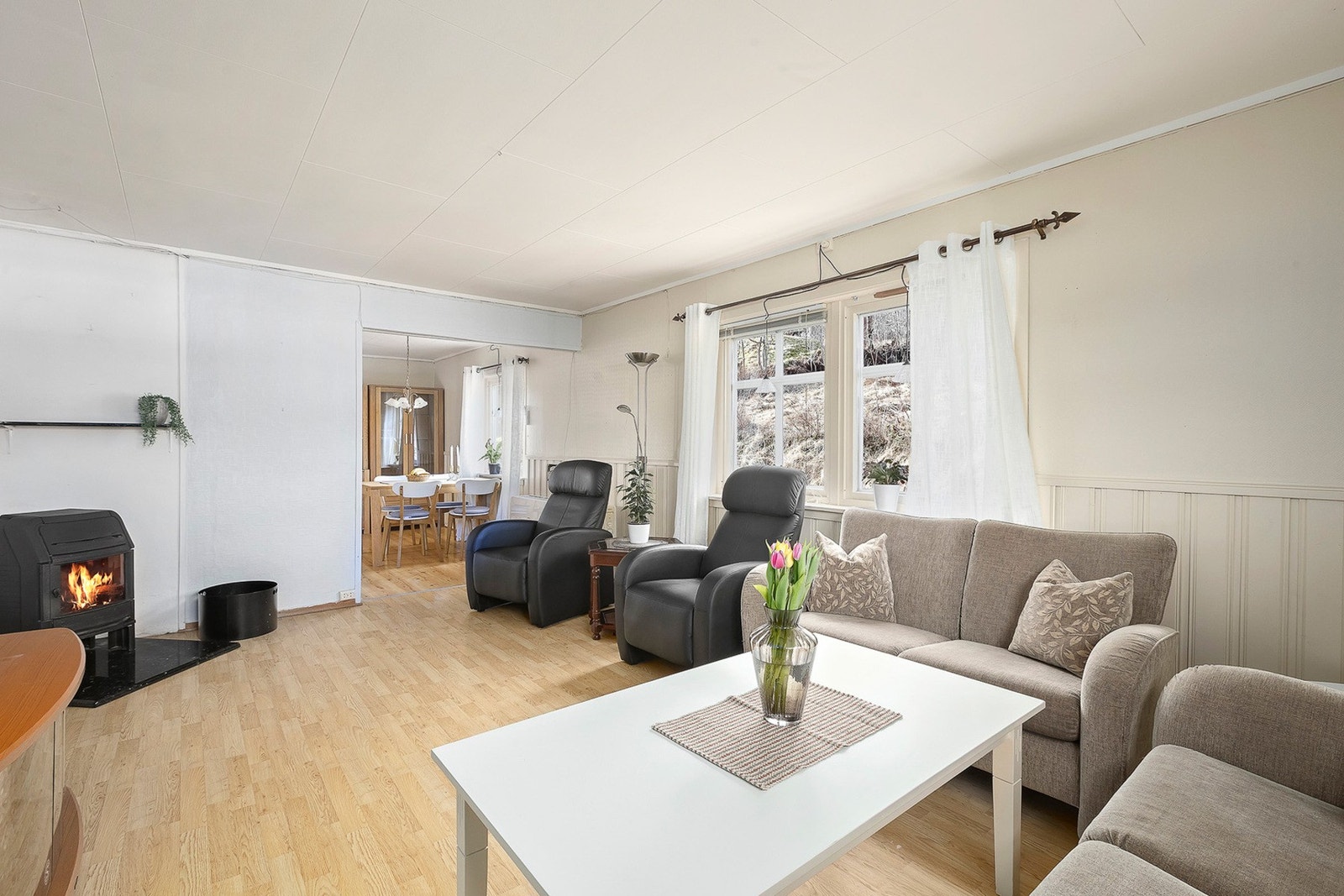 Stue med vedovn og varmepumpe. Varmepumpen er ny i ca 2023. Galleribilde