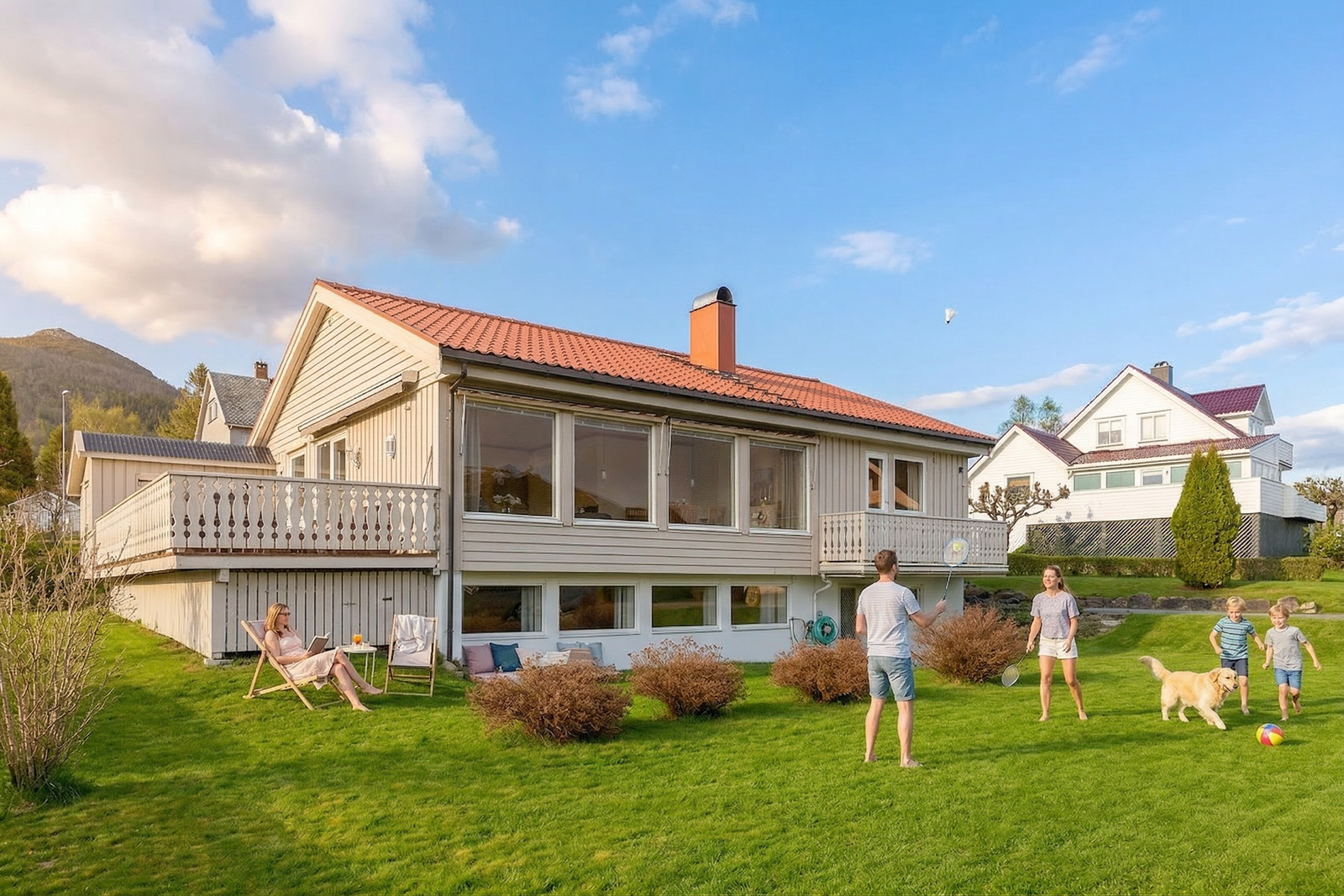 Enebolig med garasjeplass og flott uteområde.
Bildet er redigert med bruk av KI og det tas forbehold om mindre feil. Galleribilde