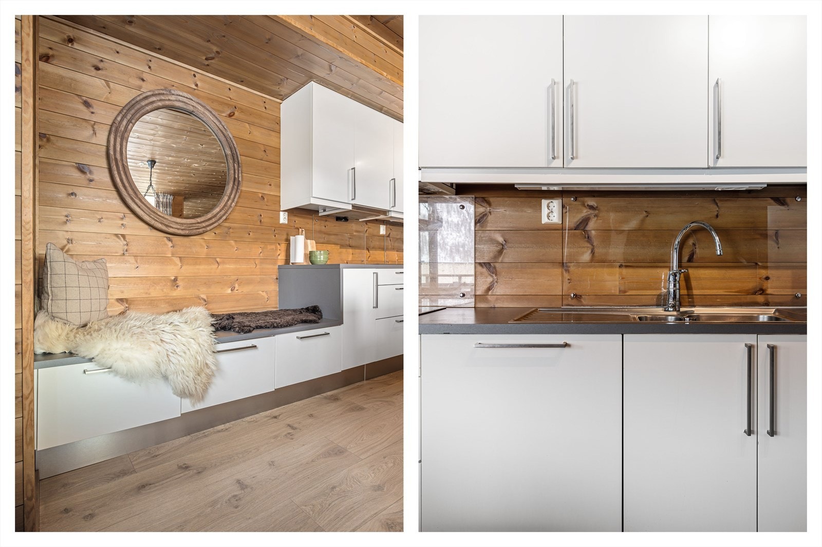 Kjøkkenet er smart utnyttet med rikelig skap- og benkeplass, sittebenk og praktisk oppbevaring i skuffer. Galleribilde