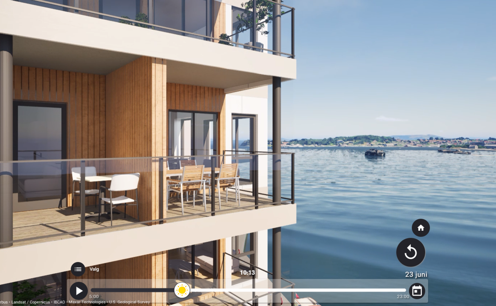 Balkongen ligger rett ut mot fjorden med flott utsikt. Bildet er hentet fra prosjektets interaktive modell og er kun ment for å danne et inntrykk. Det tas forbehold om at det vil kunne avvike fra faktiske forhold. Galleribilde
