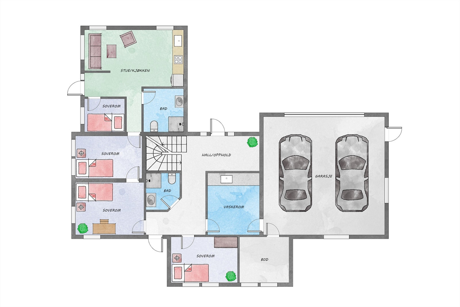 Planskisse 1 etasje. Hoveddel: Hall m/trapp 20,3m², Bad 4,6m², Vaskerom 12,7m², Soverom 12m², Bod 8,8m², Soverom14,1m². Garasje 56m². Hybelleilighet: Stue/kjøkken 18,6m², Bad 6,8m², Gang 7,4m², Soverom 5,3m², Soverom 11m² Galleribilde