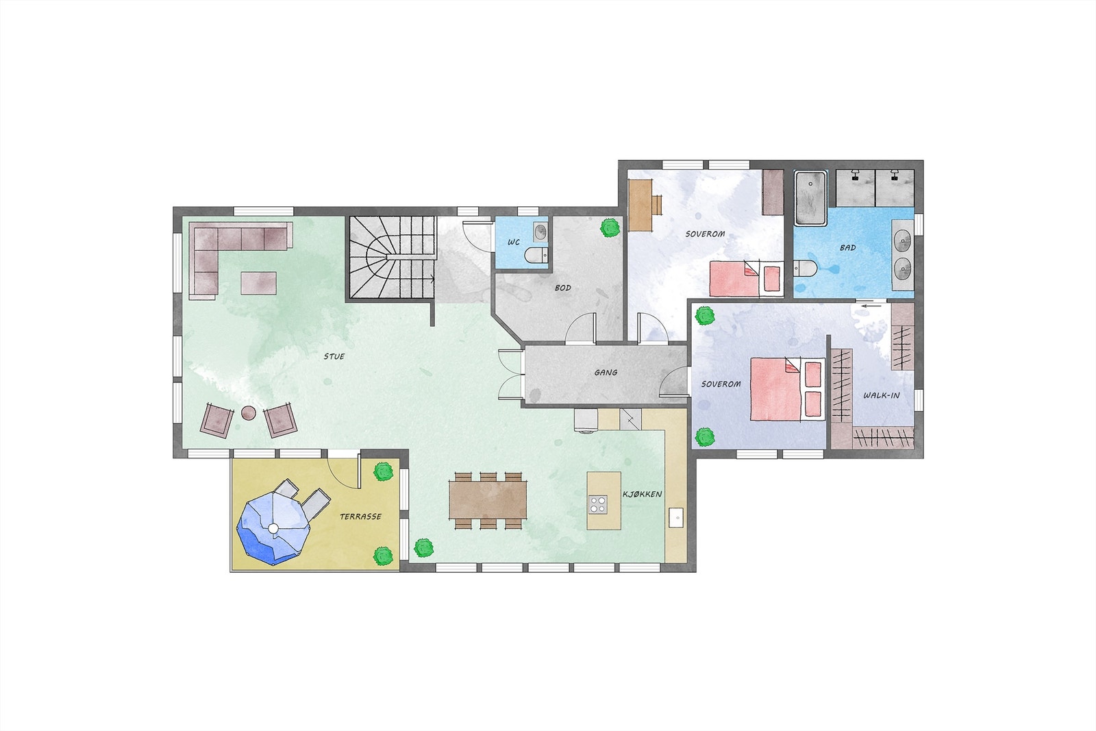 Planskisse av hoveddel av boligens 2 etasje. Store rom. 2 Etg: Stue 35,7m², Kjøkken 29,4m², Gang 14,2m², Toalettrom 2m², Gang 6,6m², Bod 8,6m², Soverom 13,8m², Soverom 15,9m², Walk-in 8,8m², bad/wc 10,8 m². Galleribilde