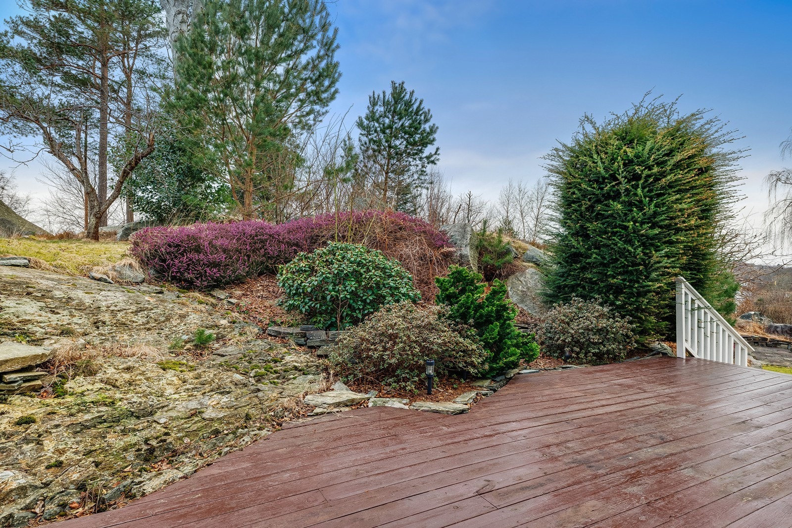 Frodige omgivelser med trær og buskvekster gir en lun atmosfære og vakker sjøutsikt like over pynten her! Galleribilde