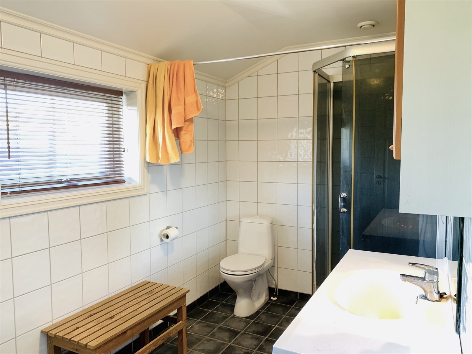 Flislagt bad fra byggeår med dusjkabinett, WC og innredning med servant. Oppgradering må påregnes. Galleribilde