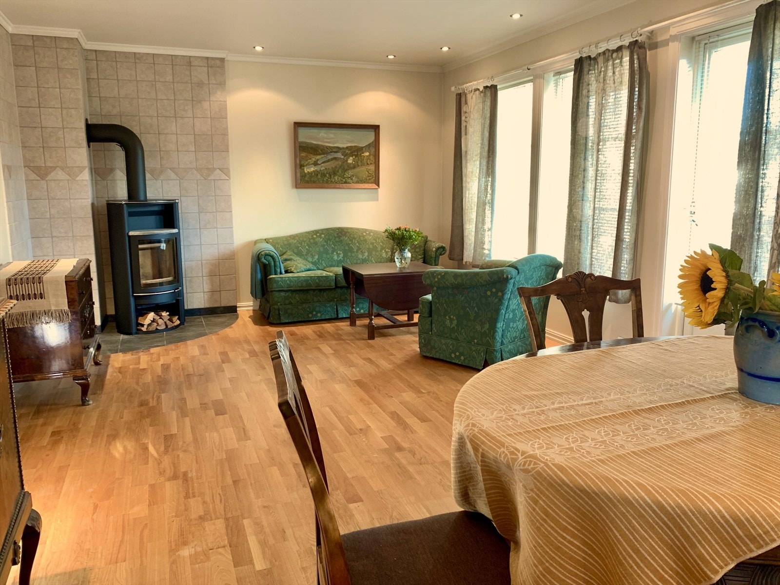 Det er montert en klassisk vedovn i stuen. Galleribilde