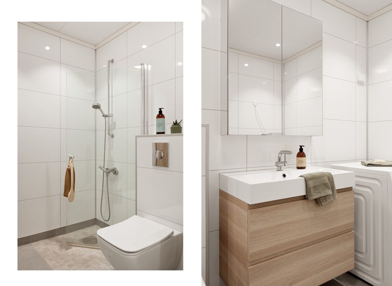 Vegghengt toalett, dusjdører i glass, samt ekstra god oppbevaring i tilhørende høyskap (se planskisse). Galleribilde