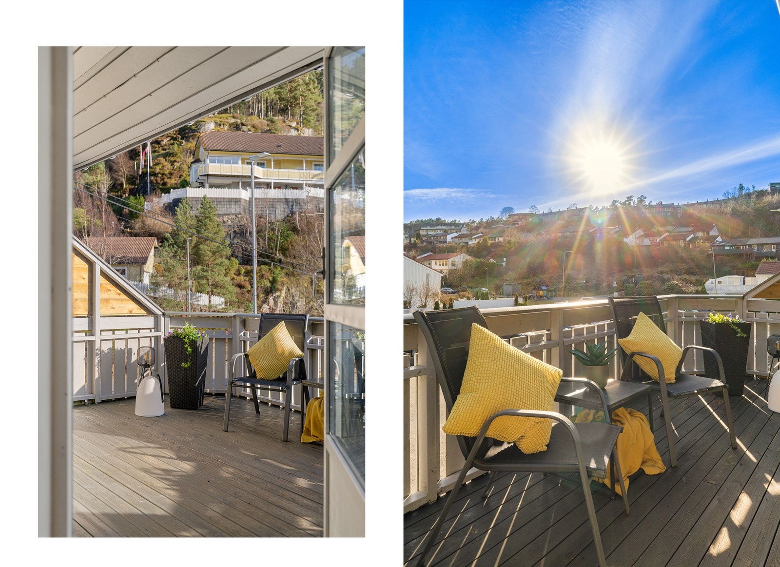 Solen kan nytes fra ca. 09:30 på morgenen til ca. 20:00 om kvelden. Solen kommer rundt på stuesiden og er der til ca. 20:30 Galleribilde