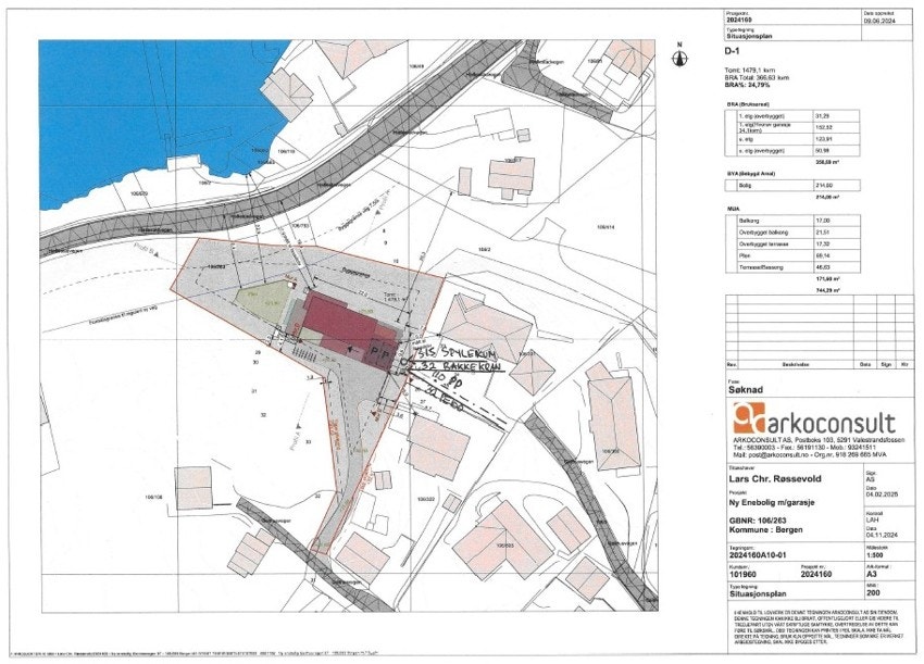Situasjonsplan som også viser trasè vann- / avløpsledninger Galleribilde