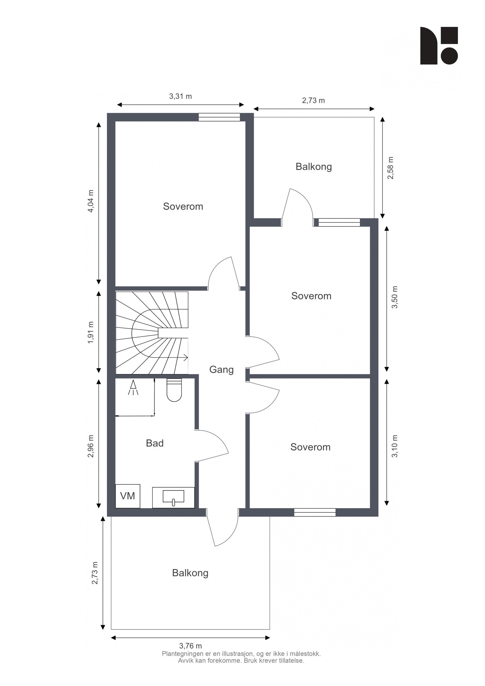 Planløsning andre etasje består av tre soverom bad, gang og to terrasser. Galleribilde
