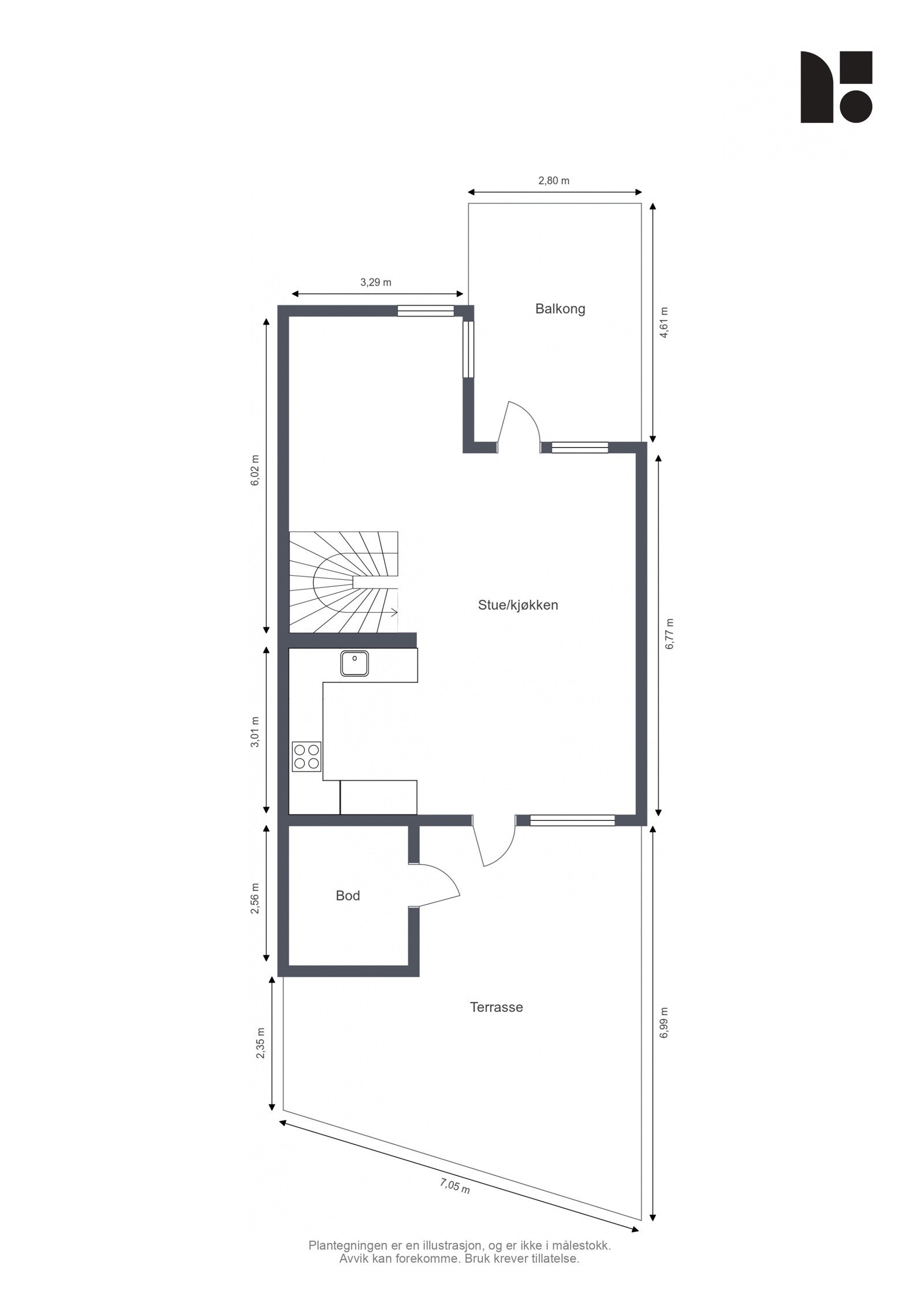 Planløsning første etasje består av Stue/kjøkken to terrasser og utebod. Galleribilde