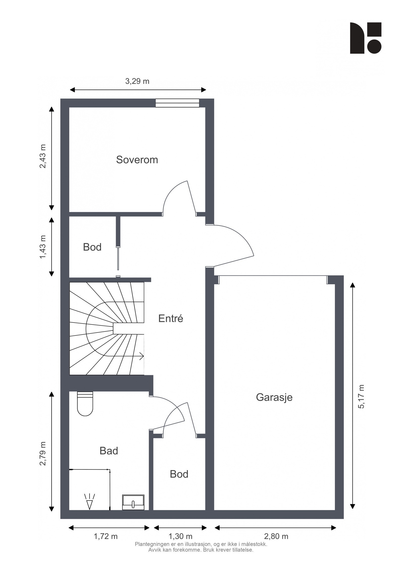 Planløsning U-etasje består av soverom, bad, gang/entre, to boder og garasjerom. Galleribilde