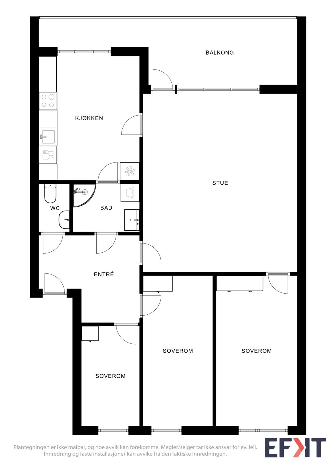 Leiligheten har en effektiv planløsning på 94 m² som omfatter tre soverom, stue, kjøkken, bad og et separat toalettrom. Galleribilde