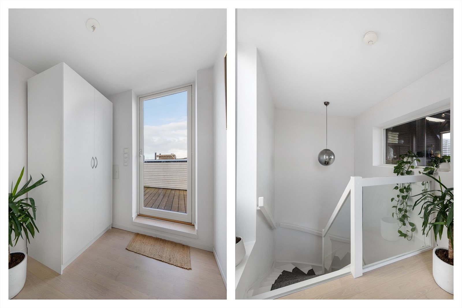 Trappen opp til takterrassen. Her er mellomgang, innredet med skap Galleribilde