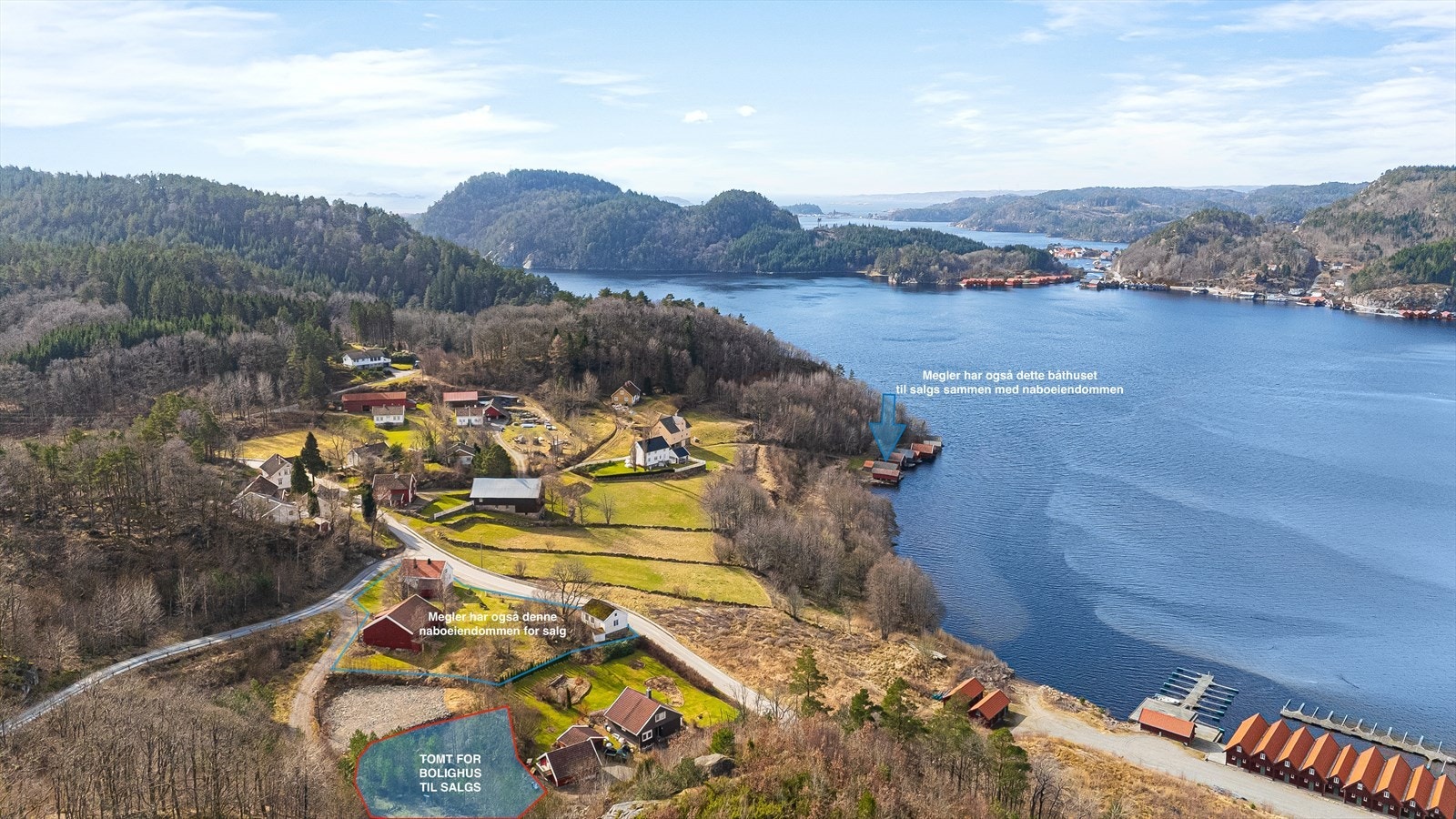 Megler har ogspå naboeiendom for salg med vånonmgshus, stabbur, løe og båthus med sjøbod Galleribilde