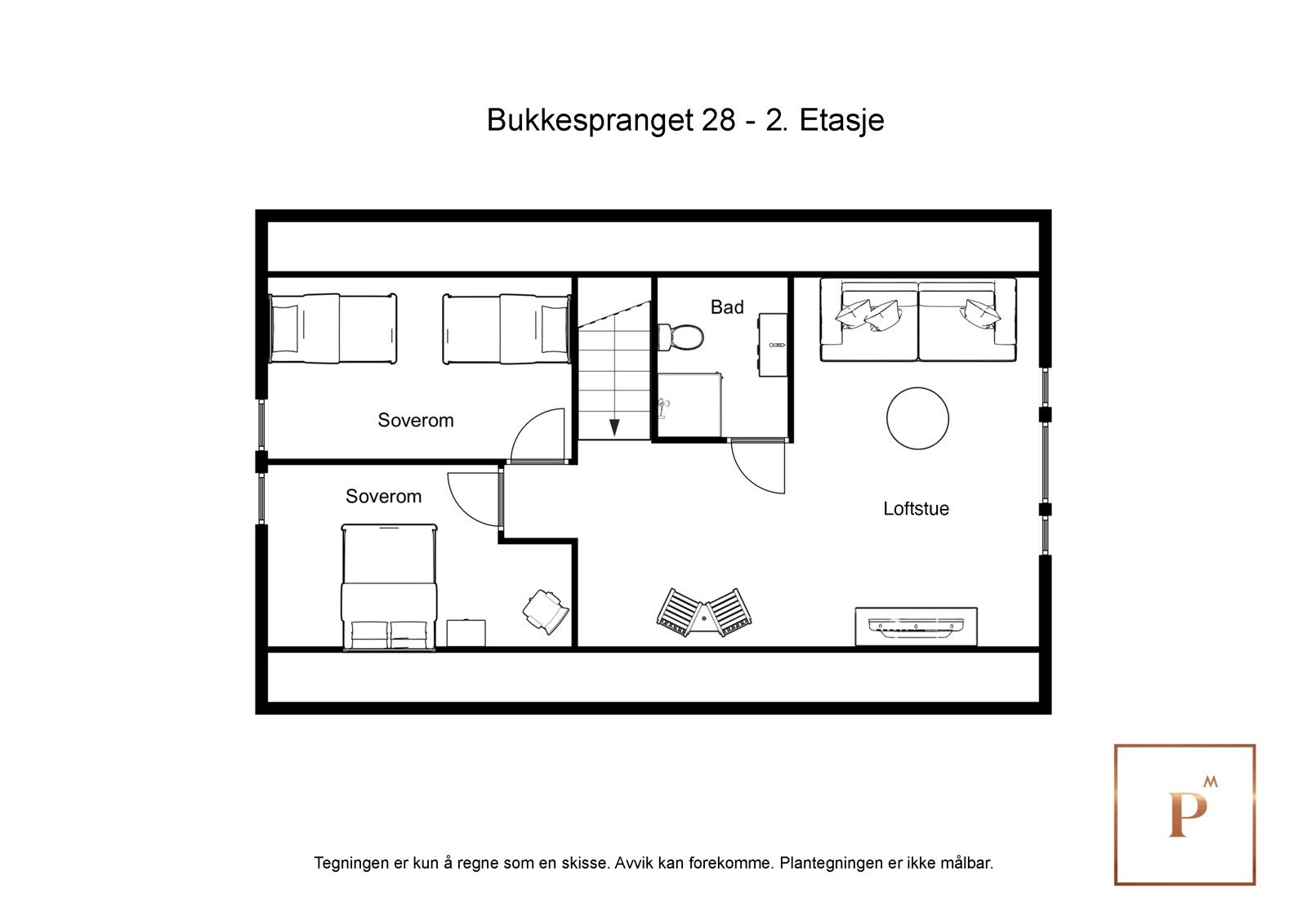 Planløsning andre etasje. Loftstuen kan enkelt deles inn i soverom nr.4 og loftstue Galleribilde