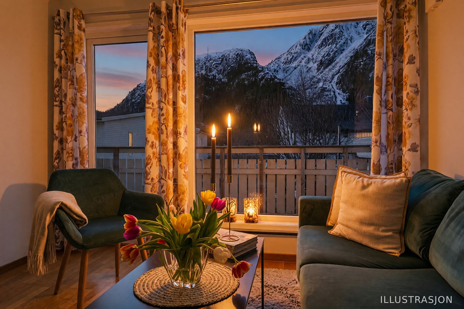 Velkommen til Parkvegen 11 D - en praktisk og lettstelt selveierleilighet i 2. etasje med 2 soverom og sentral beliggenhet. Bildet er AI-redigert fra dag til kveld. Galleribilde