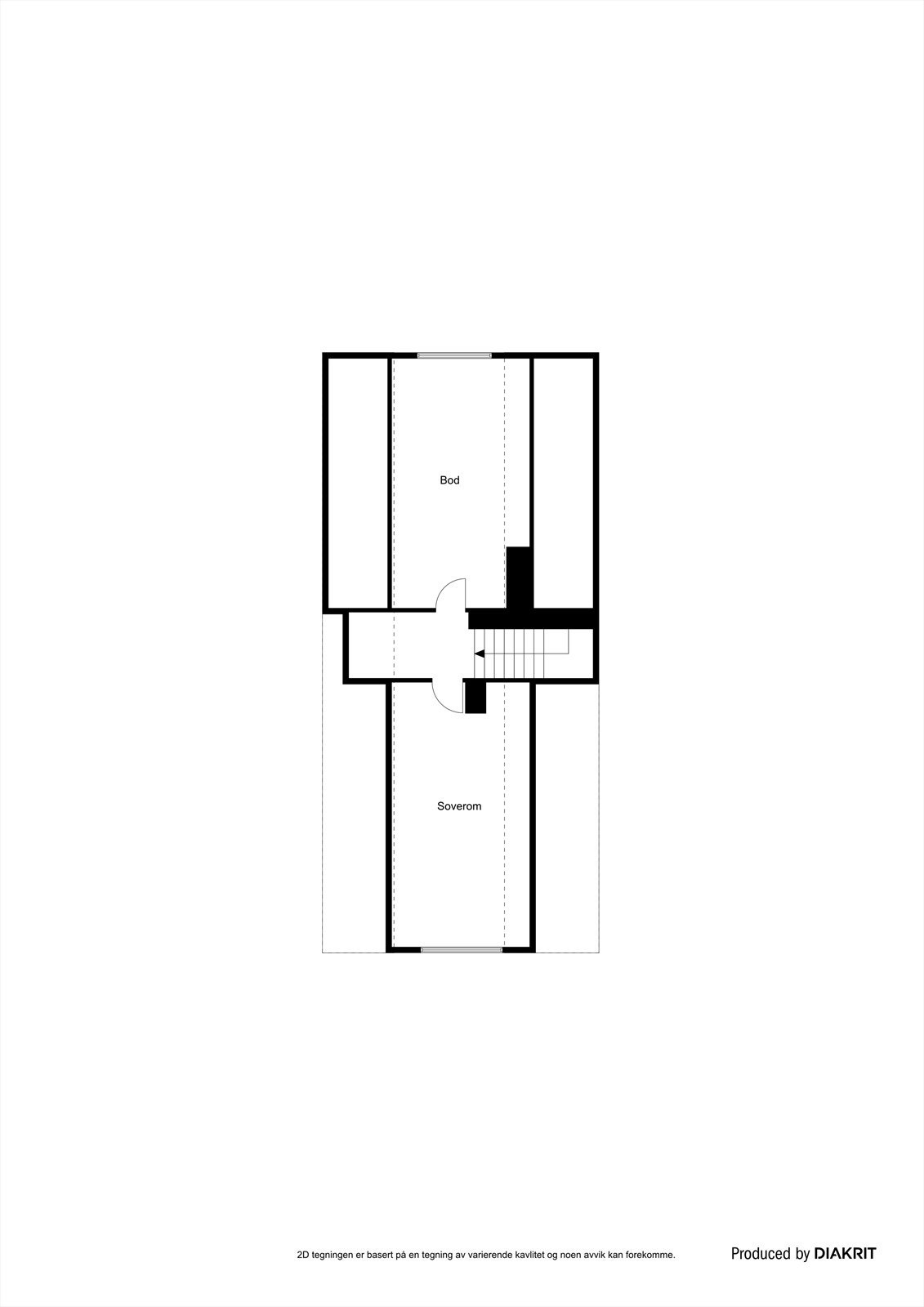 2. etasje - plantegning (tegningen viser et rom beskrevet som soverom, men rommet er ikke godkjent for varig opphold og er derfor og anses som en bod eller oppbevaringsrom). Galleribilde
