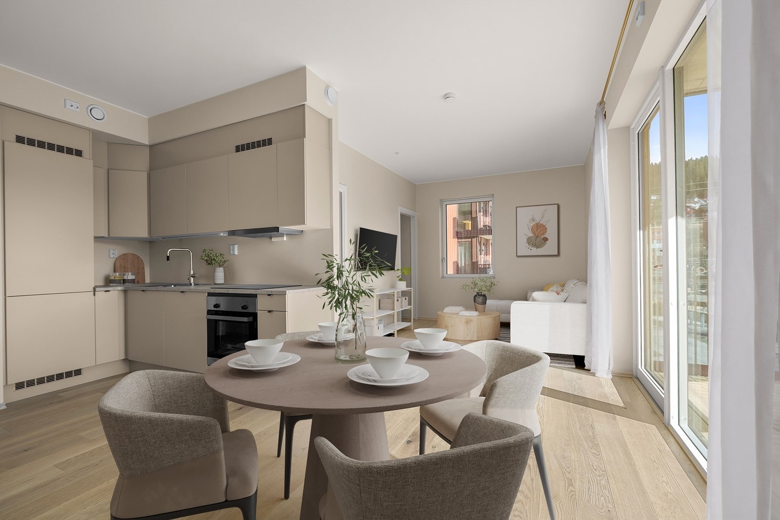 Her får du et romslig areal med stuen og kjøkkenet i delvis åpen løsning på ca. 25m². Kjøkkenet i praktisk L-form som gir større arbeidsflate. 3D-møblert bilde Galleribilde