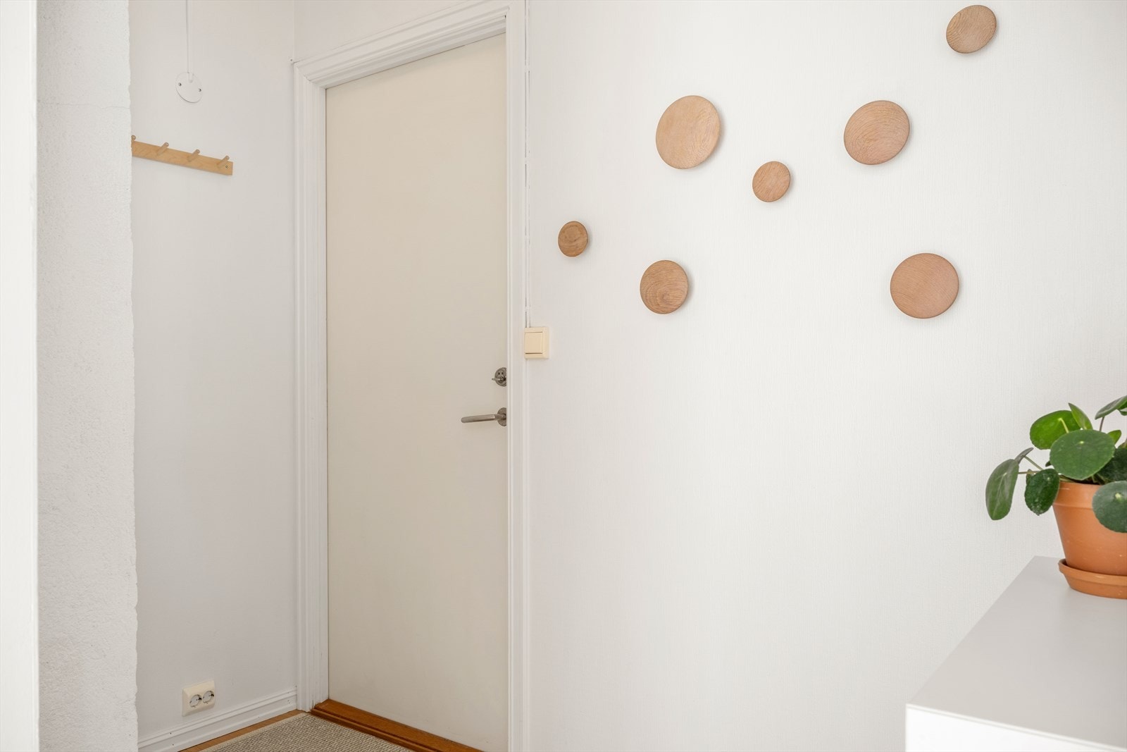 Boligens entré gir praktisk plass til oppheng av yttertøy og oppbevaring av sko. Galleribilde