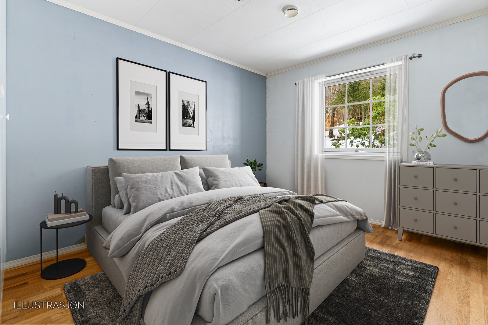 Hovedsoverommet måler ca. 11.4 m² og har plass til dobbelseng, nattbord og garderobeskap (Digital styling) Galleribilde