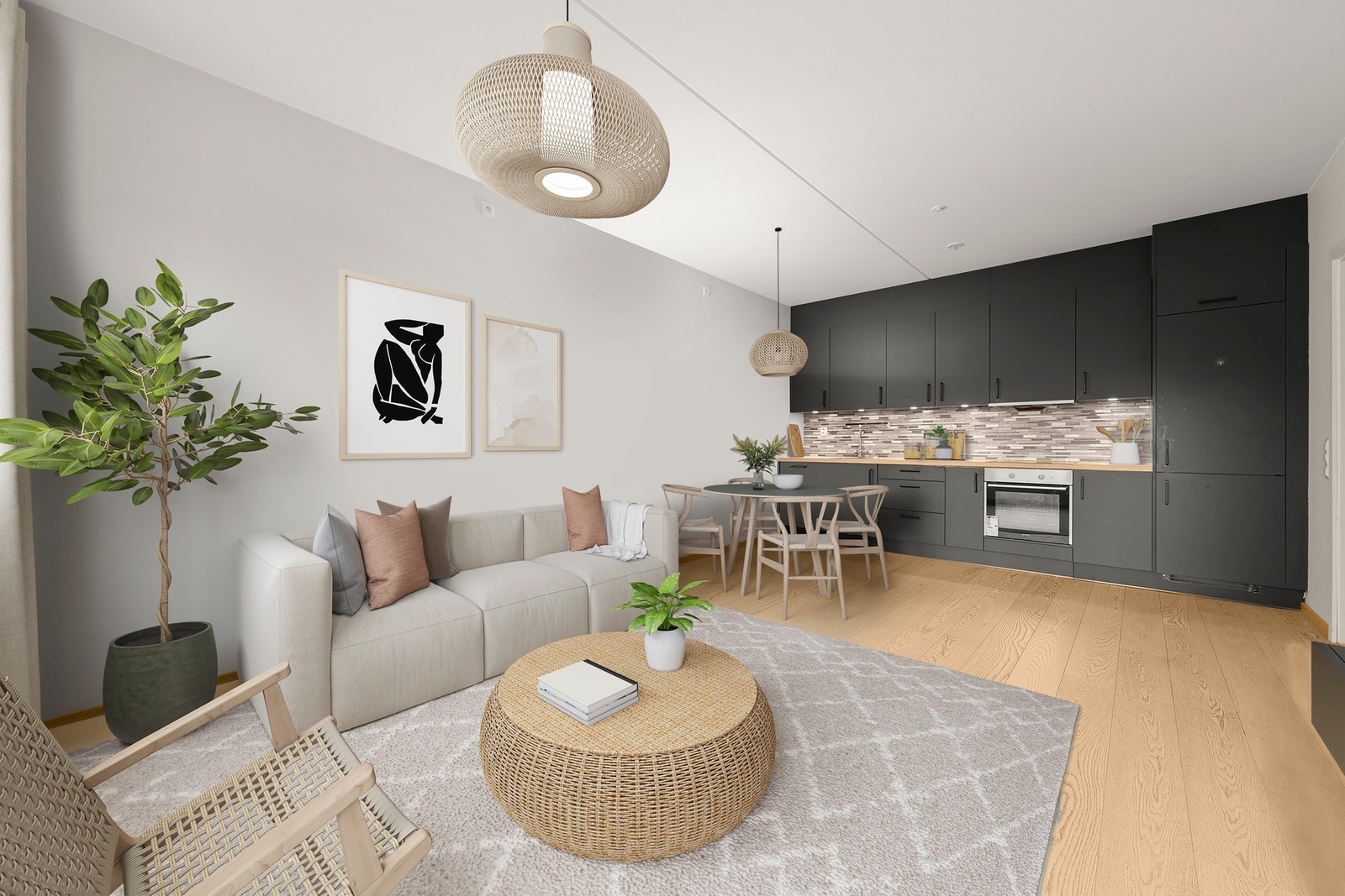 Boligen har en åpen og sosial stue-/kjøkkenløsning som legger til rette for både hverdag og hyggelige sammenkomster Galleribilde