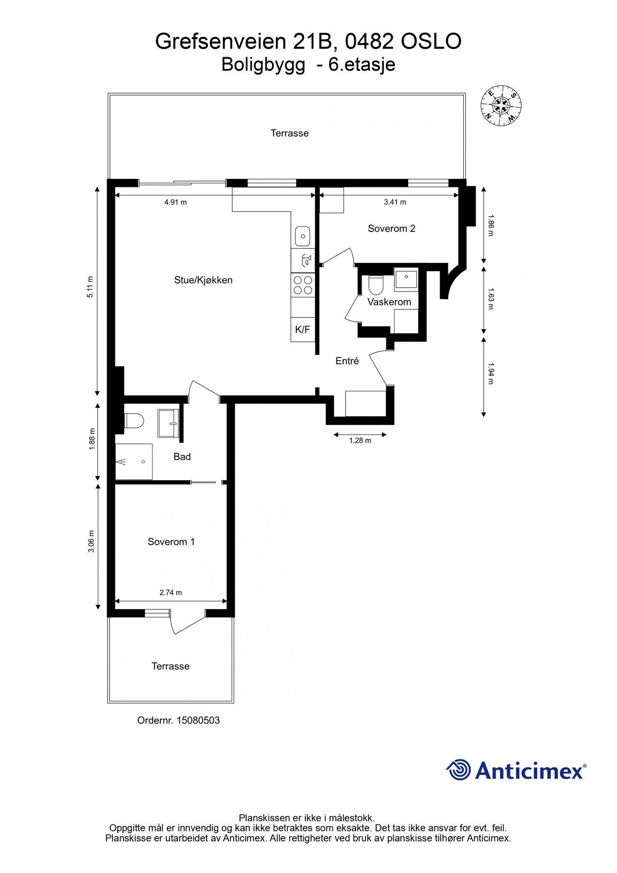Plantegning. I tillegg disponerer leiligheten tre kjellerboder på til sammen ca. 6m². Heis i bygget. Galleribilde