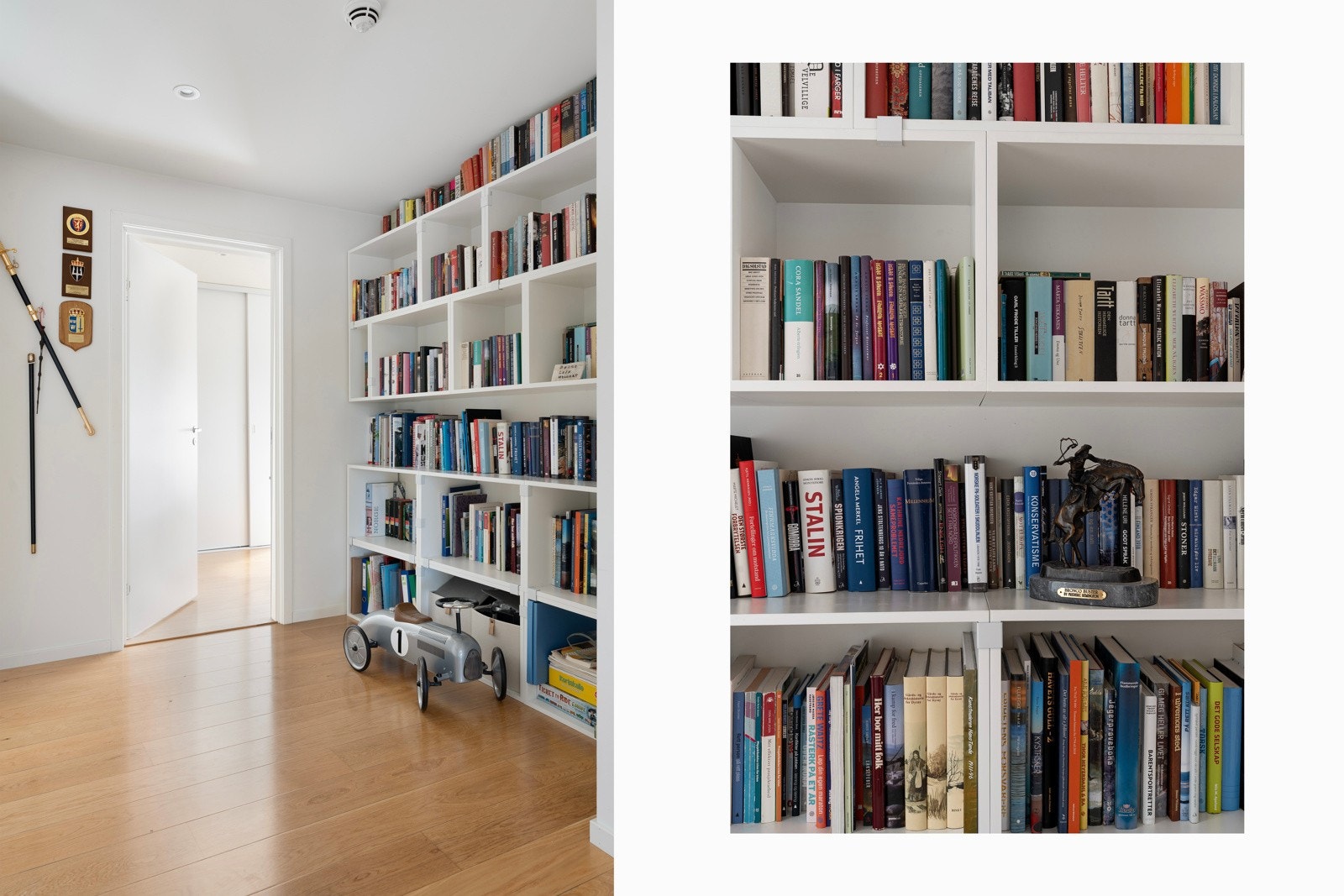 I gangen mot soverommene er det plassbygde bokhyller. Galleribilde