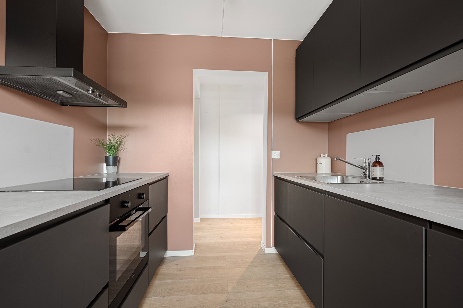 Kjøkkenet er utstyrt med induksjonstopp, kjøkkenvifte, stekeovn, oppvaskmaskin og kombiskap. Galleribilde